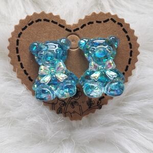 Handmade Iridescent Blue Bear with Iridescent Bow Stud Earrings